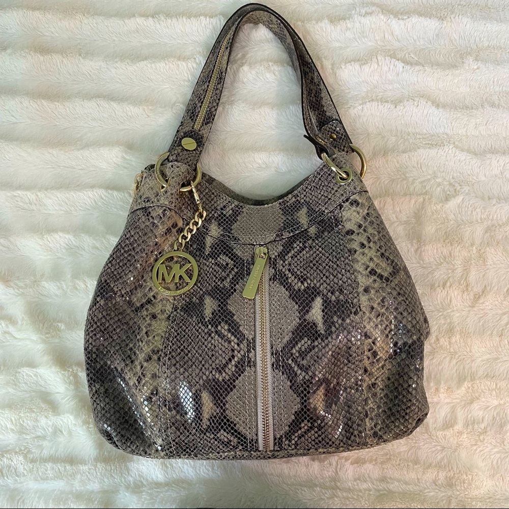 Michael Kors Snake Print Shoulder Bag - Gray and Black